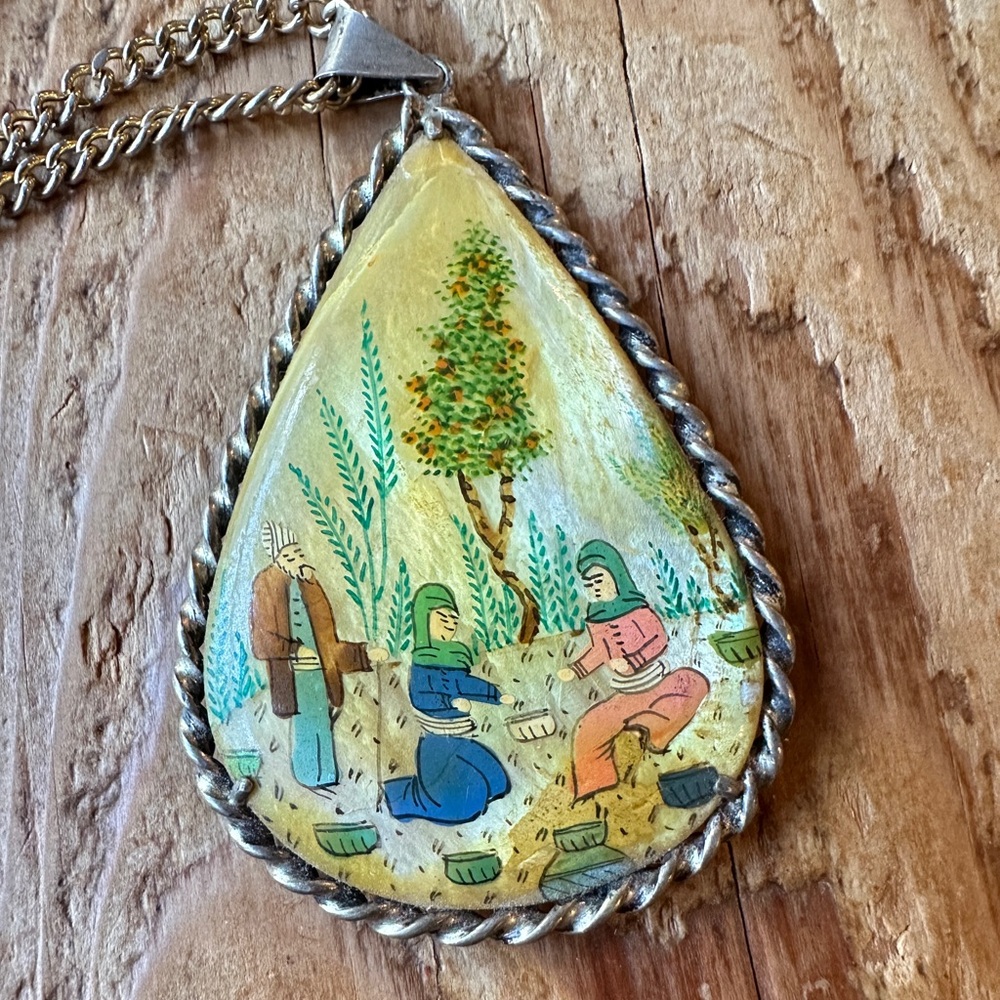Vintage Hand-Painted Mother Of Pearl Teardrop Storyteller Pendant